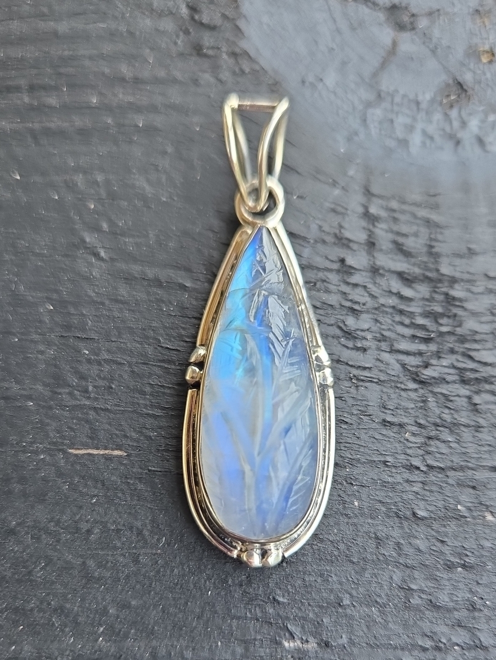 Solid Sterling Carved Rainbow Moonstone Pendant